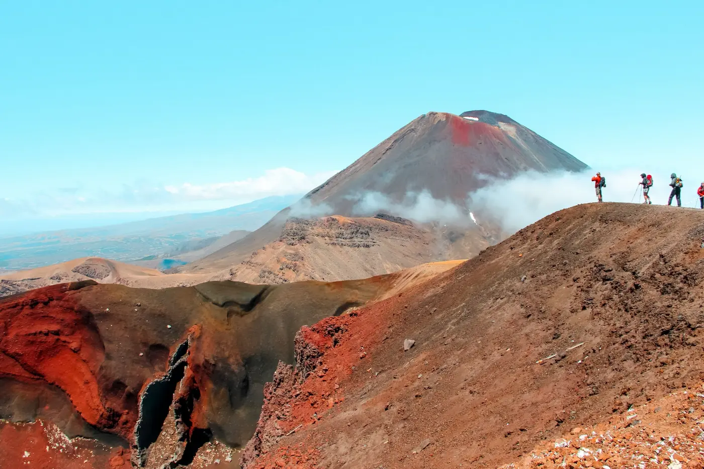 Walkers on the Tongariro Alpine Crossing, crossing the volcanic plateau between craters.