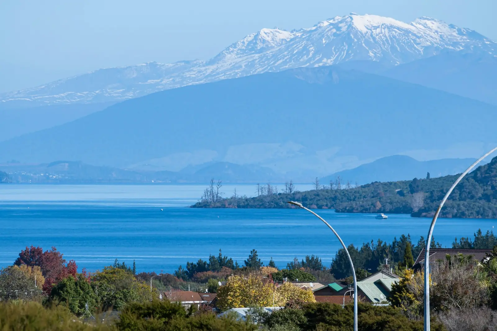 The wide blue water of Lake Taupō on a clear day.