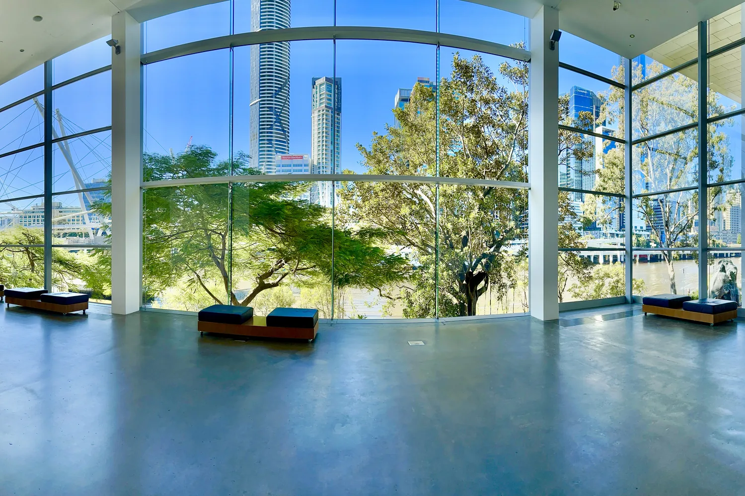 The Gallery of Modern Art at Kurilpa Point, a long low white building beside the Brisbane River