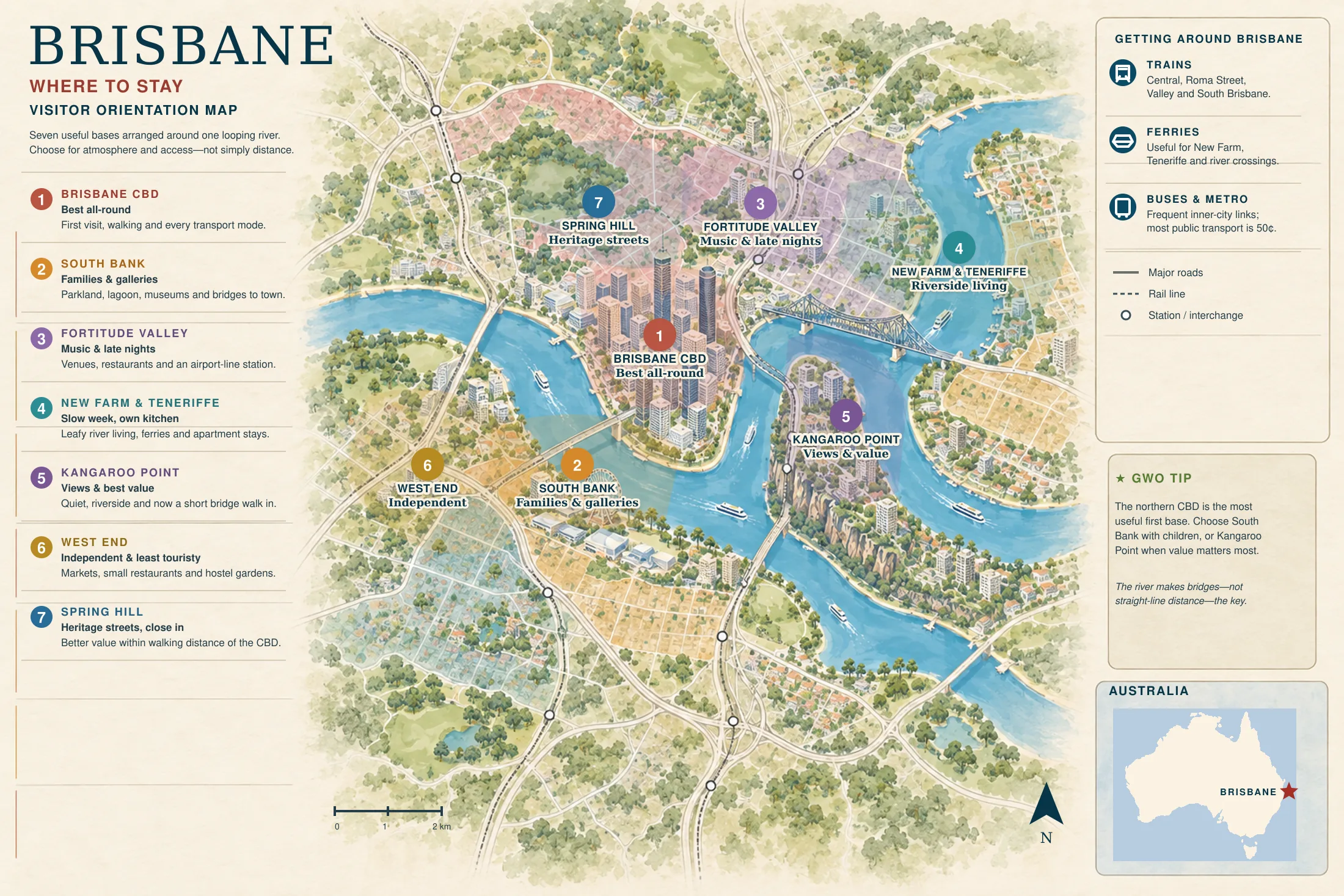 Illustrated map of inner Brisbane showing the river looping through the city, with the CBD on its peninsula, South Bank across the water, Fortitude Valley and Spring Hill to the north, New Farm and Teneriffe downstream, Kangaroo Point on the facing peninsula and West End upstream