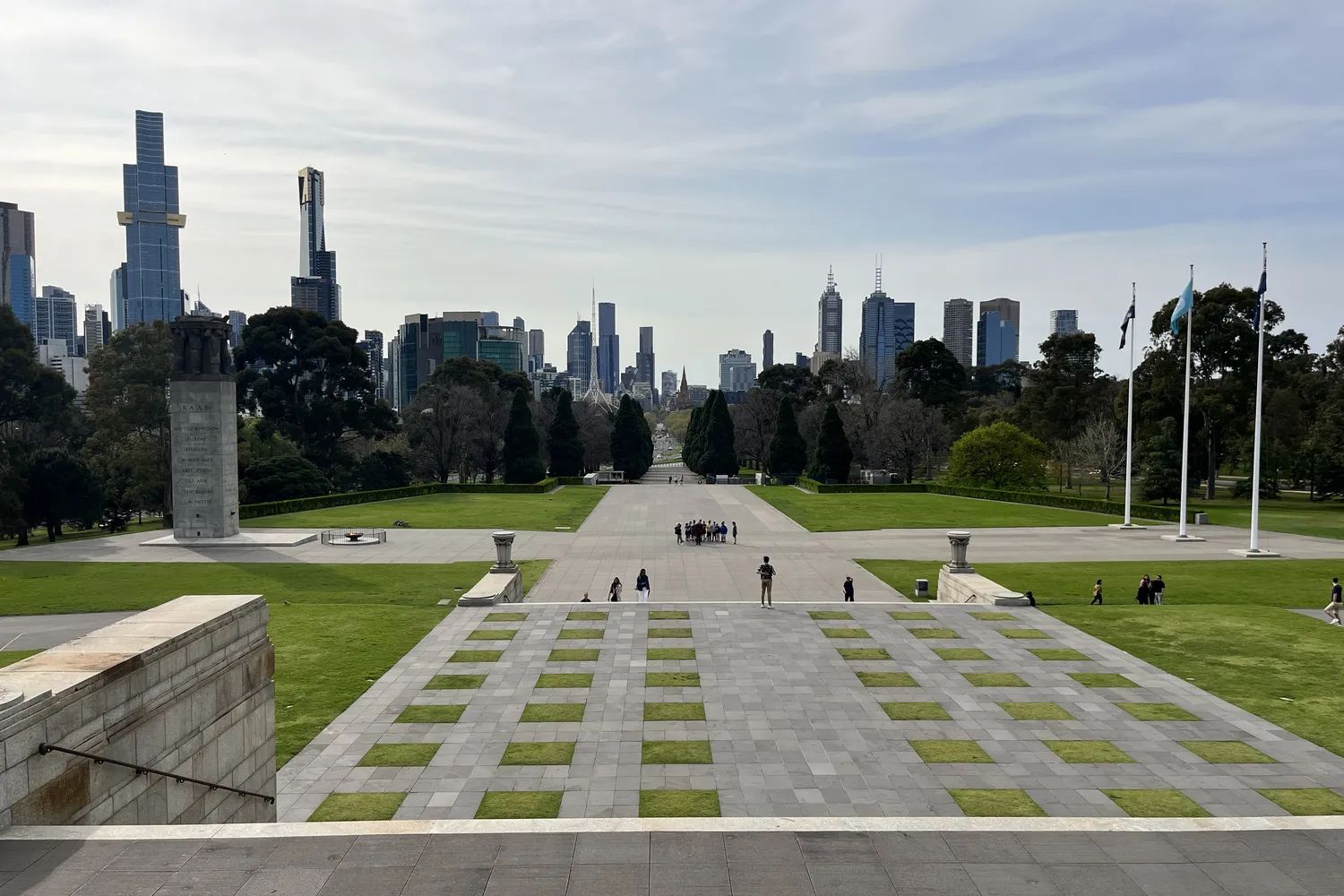 The view from the Shrine of Remembrance across its forecourt to the Melbourne skyline