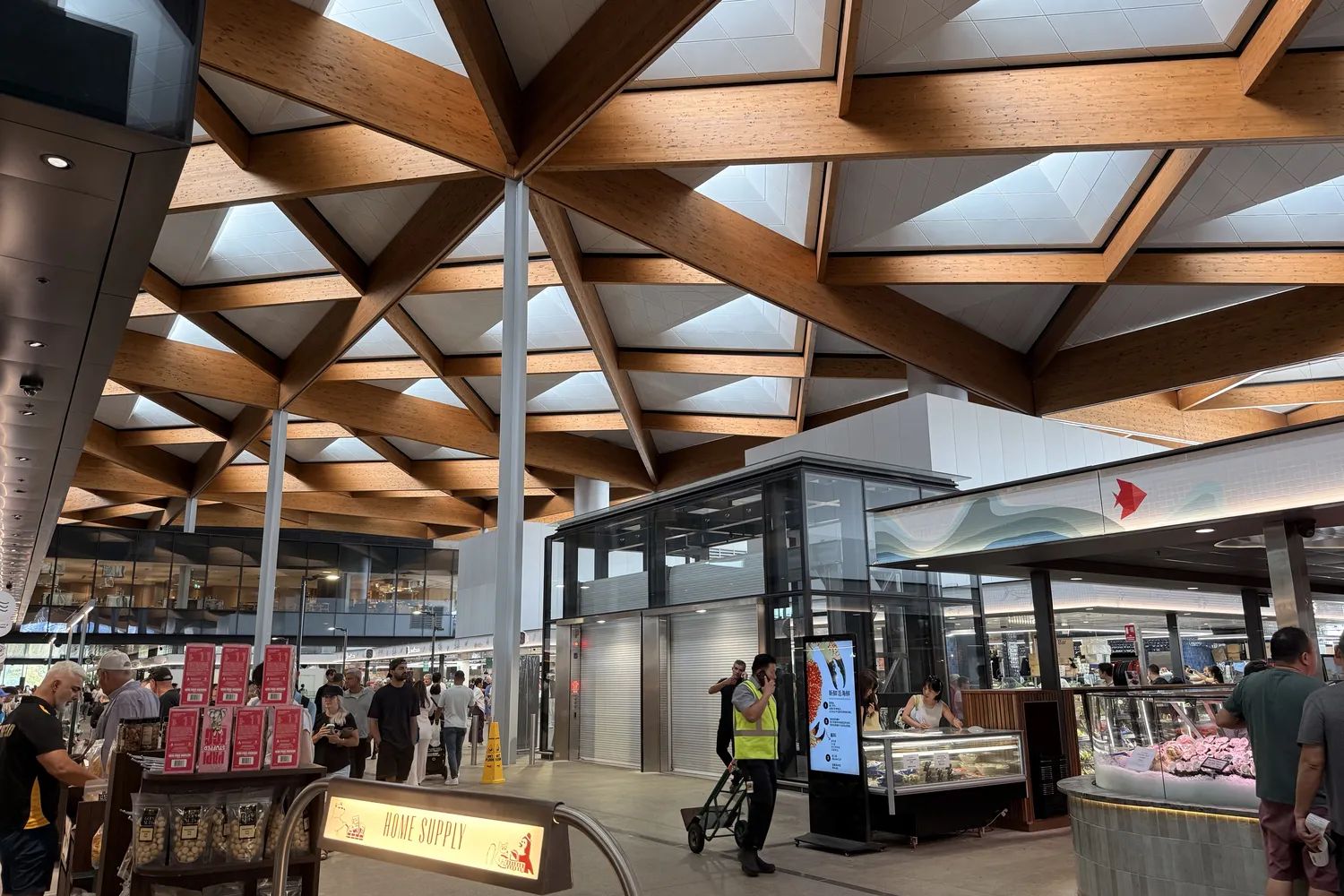 Timber roof beams over the market floor of the new Sydney Fish Market