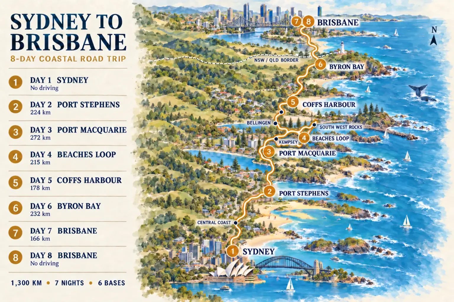 Illustrated map of the eight-day road trip from Sydney to Brisbane, following the coast north through Port Stephens, Port Macquarie with its beaches loop via Kempsey and South West Rocks, Bellingen, Coffs Harbour and Byron Bay, with each day and its driving distance listed alongside.