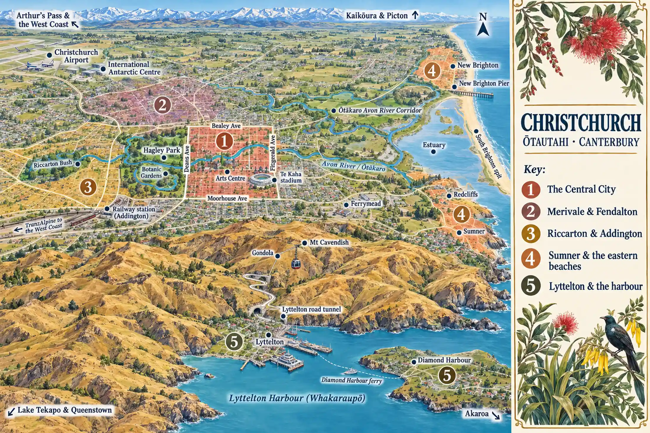 Painted map of Christchurch with its five areas numbered. The Central City (1) is a grid inside the Four Avenues, with Hagley Park on its west side. Merivale and Fendalton (2) lie to the north-west, and Riccarton and Addington (3) to the west and south-west. Sumner, Redcliffs and New Brighton (4) are on the coast to the east. Lyttelton and Diamond Harbour (5) sit on Lyttelton Harbour beyond the Port Hills to the south.