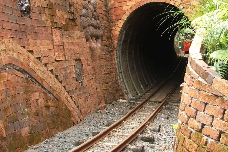 A narrow-gauge railway track curving into a brick-lined tunnel through the bush at Driving Creek.