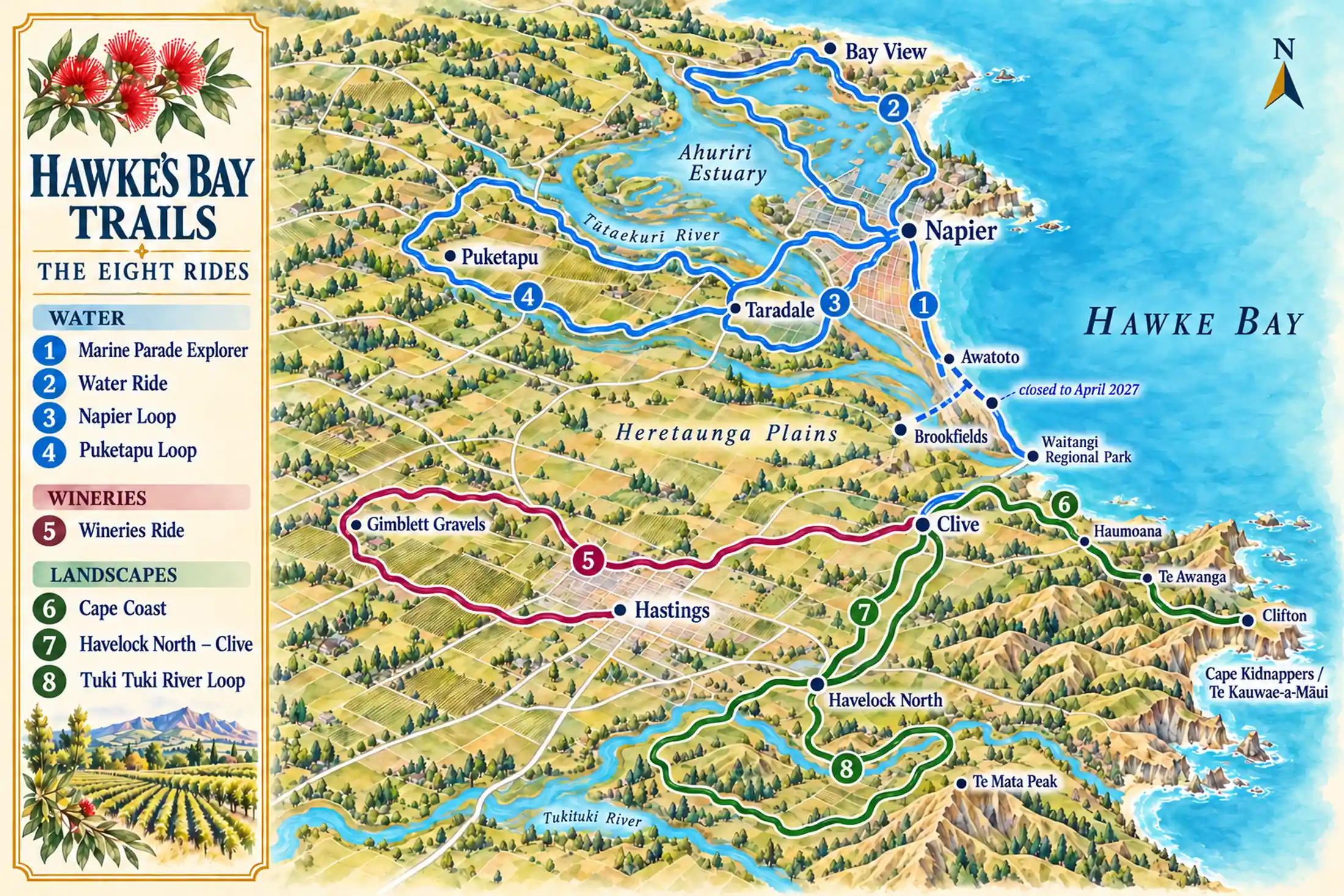 Drawn map of the Hawke&rsquo;s Bay Trails. In blue, the Water rides around Napier: 1, the Marine Parade Explorer south along the coast to Waitangi Regional Park; 2, the Water Ride round the Ahuriri Estuary to Bay View; 3, the Napier Loop to Taradale; 4, the Puketapu Loop along the Tūtaekurī River. The section between Awatoto and Brookfields is dashed and marked closed to April 2027. In red, 5, the Wineries Ride from Clive west past Hastings to the Gimblett Gravels. In green, the Landscapes rides: 6, the Cape Coast from Clive through Haumoana and Te Awanga to Clifton, below Cape Kidnappers; 7, Havelock North to Clive; 8, the Tuki Tuki River Loop from Havelock North, below Te Mata Peak.