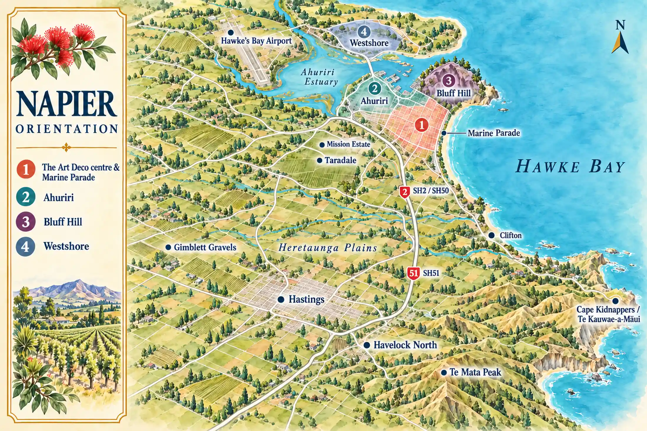 Schematic map of Napier and Hawke&rsquo;s Bay. Napier&rsquo;s four areas are numbered: one, the Art Deco centre and Marine Parade on the sea; two, Ahuriri, the port beyond Bluff Hill; three, Bluff Hill between them; four, Westshore across the estuary by the airport. South of the city, across the Heretaunga Plains, are Taradale, Hastings, Havelock North and Te Mata Peak, the Gimblett Gravels vineyards to the west, and Cape Kidnappers at the far end of the bay to the south-east.