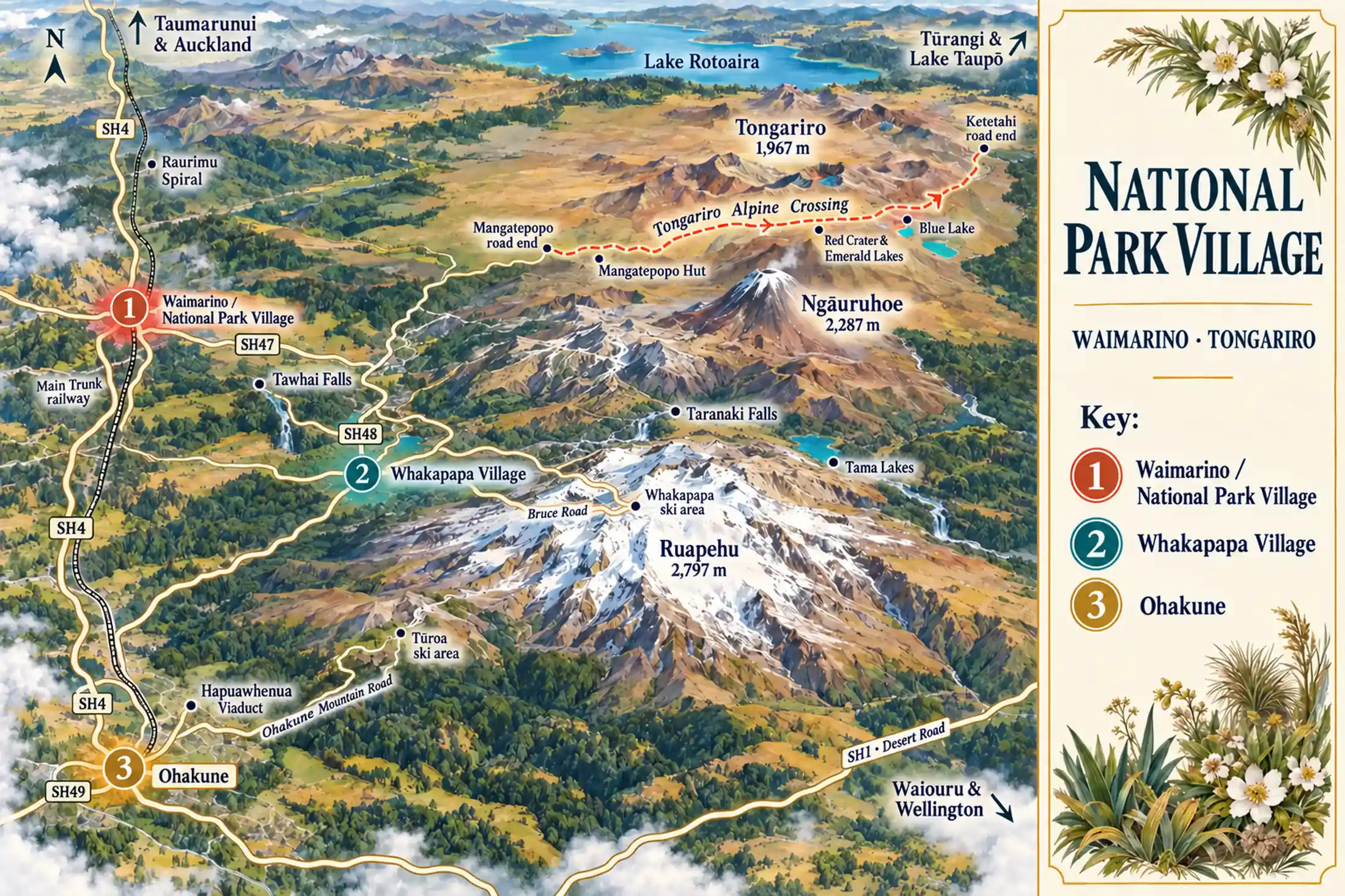Painted map of Tongariro National Park and its three bases. National Park Village (1) sits on State Highway 4 at the western edge of the park, where State Highway 47 heads east. Whakapapa Village (2) lies inside the park at the foot of Ruapehu, with the Bruce Road climbing to the Whakapapa ski area, Taranaki Falls to the east, the Tama Lakes on the saddle below Ngāuruhoe, and Tawhai Falls beside State Highway 48. Ohakune (3) is to the south-west, with the Ohakune Mountain Road to the Tūroa ski area and the Hapuawhenua Viaduct nearby. The three volcanoes fill the centre: Tongariro and the cone of Ngāuruhoe to the north, snow-covered Ruapehu to the south. The Tongariro Alpine Crossing runs from the Mangatepopo road end past the Red Crater, the Emerald Lakes and the Blue Lake to the Ketetahi road end. Lake Rotoaira lies to the north, the Main Trunk railway runs through the village past the Raurimu Spiral, and the Desert Road crosses the south-east.