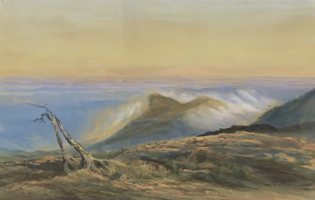 A nineteenth-century watercolour seen from a high, bare ridge with a dead tree in the foreground. Below lies a sea of cloud with a dark hill rising through it, and on the far horizon the three volcanoes show only as pale shapes against a golden sky.