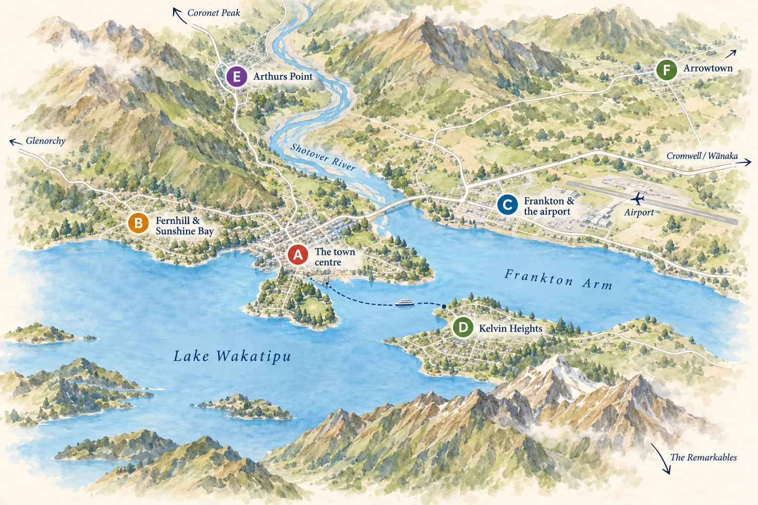 Painted bird&rsquo;s-eye map of Queenstown and Lake Wakatipu with the six areas lettered: A the town centre on Queenstown Bay, B Fernhill and Sunshine Bay along the shore beside it, C Frankton and the airport at the head of the Frankton Arm, D Kelvin Heights on the peninsula in the arm, E Arthurs Point up the Shotover River, F Arrowtown beyond the hills. A dotted ferry line runs from the town centre to Kelvin Heights; arrows point off the map to Coronet Peak, Glenorchy, Cromwell and Wānaka, and the Remarkables.