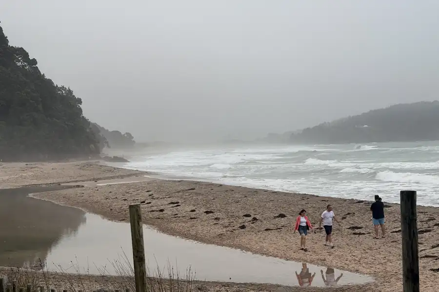 Hot Water Beach on a misty day, a stream crossing the sand towards the surf and a wooded island offshore.