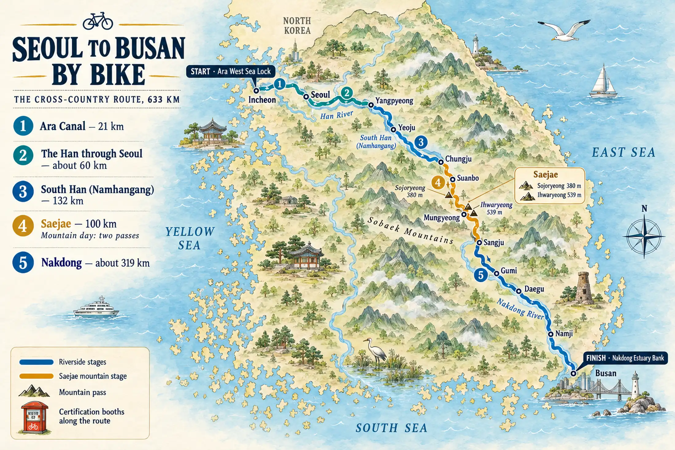 Painted map of South Korea showing the Cross-Country cycle route from the Ara West Sea Lock at Incheon to the Nakdong Estuary Bank at Busan, 633 km in five numbered stages: the Ara Canal, the Han through Seoul, the South Han to Chungju, the Saejae mountain stage over the Sojoryeong and Ihwaryeong passes, and the Nakdong River through Sangju, Gumi and Daegu.