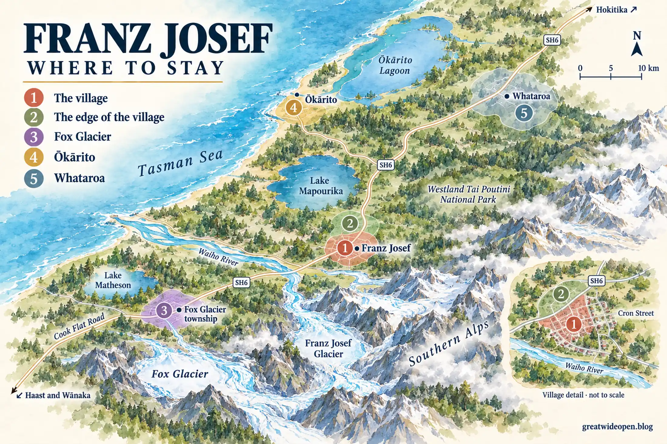 Painted map of Glacier Country on the West Coast with the places to stay numbered: one, the village of Franz Josef on State Highway 6; two, the edge of the village, a little north on the highway; three, Fox Glacier, to the south-west, with Lake Matheson beyond it; four, Okarito, on its lagoon on the coast to the north-west; and five, Whataroa, north on the highway. The two glaciers lie in the mountains inland of the two townships. An inset shows the village in detail, with Cron Street, the Waiho River and the edge of the village to the north.