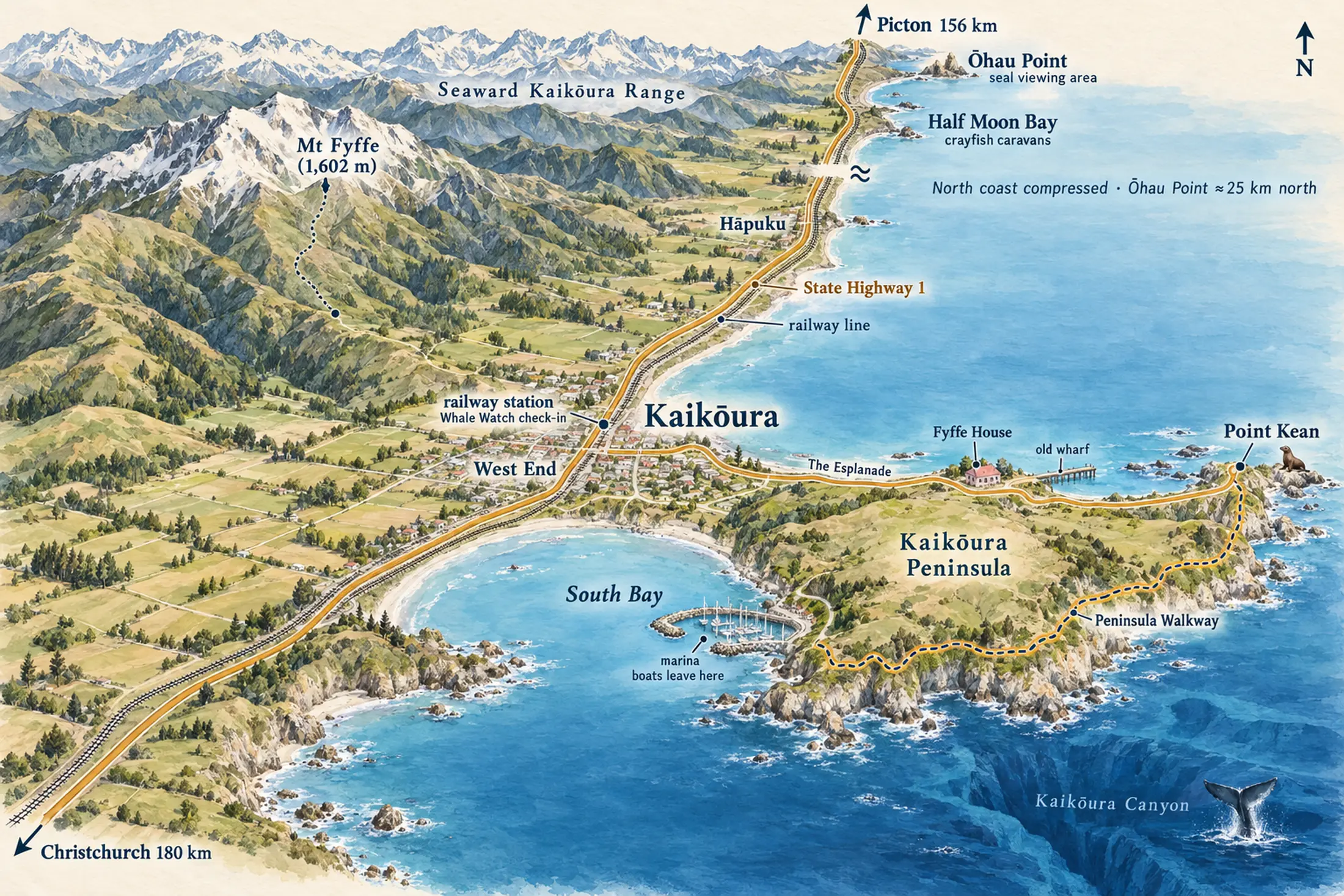Painted bird&rsquo;s-eye map of Kaikōura looking north. The town sits at the neck of the Kaikōura Peninsula, with the railway station and West End by State Highway 1. The Esplanade runs east along the shore past Fyffe House and the old wharf to Point Kean, where seals lie at the tip; the Peninsula Walkway follows the clifftops round to South Bay and its marina on the south side. Behind the town rise Mt Fyffe, at 1,602 metres, and the snow-capped Seaward Kaikōura Range. State Highway 1 and the railway run north along the coast past Hāpuku, Half Moon Bay and Ōhau Point towards Picton, and south-west towards Christchurch. Offshore, the deep Kaikōura Canyon reaches in towards the peninsula, with a whale&rsquo;s tail above it.
