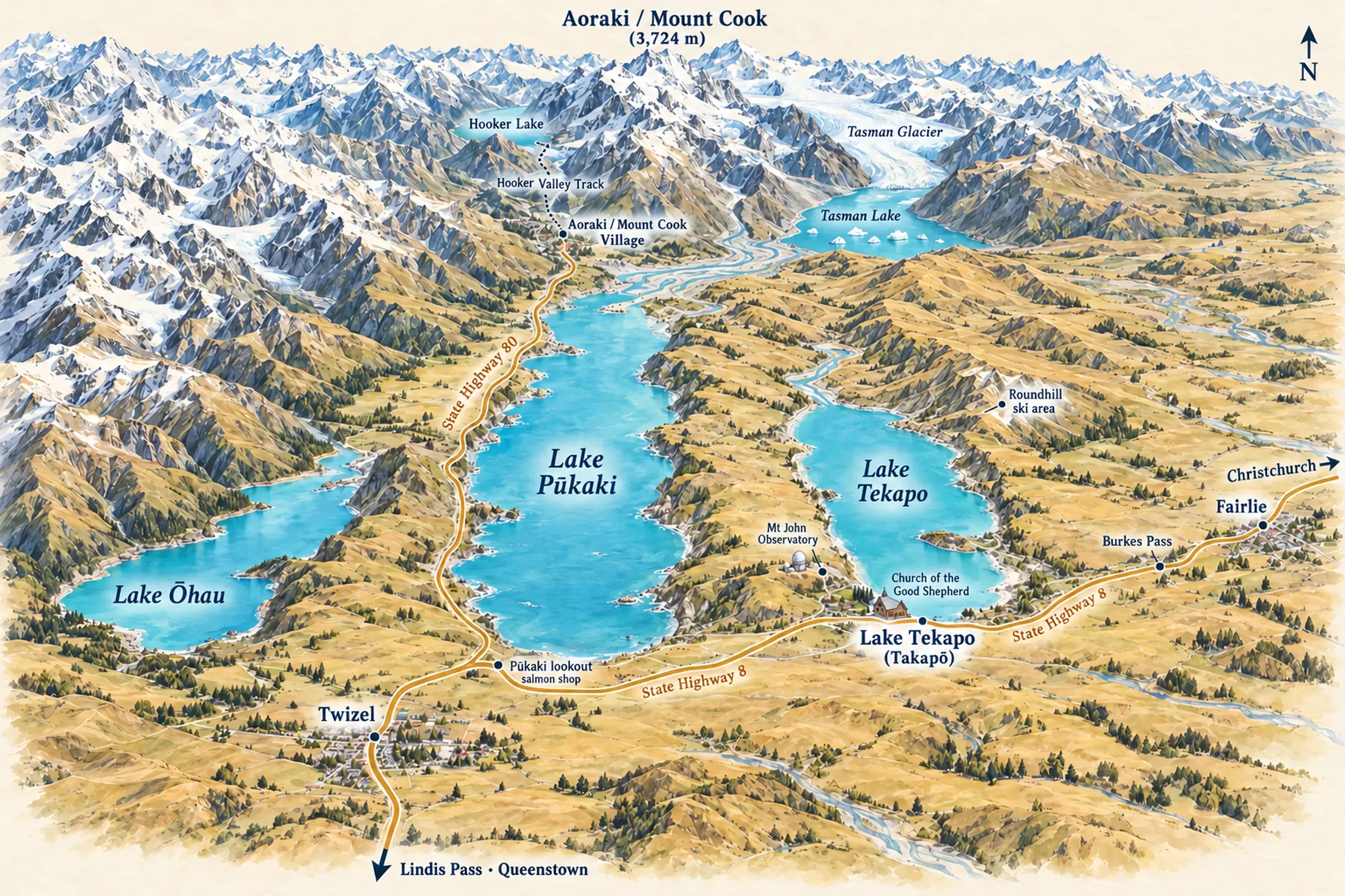 Painted bird&rsquo;s-eye map of the Mackenzie Basin looking north towards the Southern Alps, showing the three places to stay: Lake Tekapo village at the southern tip of Lake Tekapo on the right, Twizel on the plain south-west of Lake Pūkaki at the lower left, and Aoraki / Mount Cook Village at the head of the Pūkaki valley, at the end of State Highway 80. State Highway 8 links Lake Tekapo and Twizel past the southern end of Lake Pūkaki.