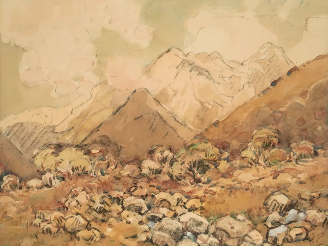 A watercolour of the Southern Alps in soft pinks and creams, with a pale peak among clouds above brown ridges and a valley floor strewn with grey boulders and golden tussock.