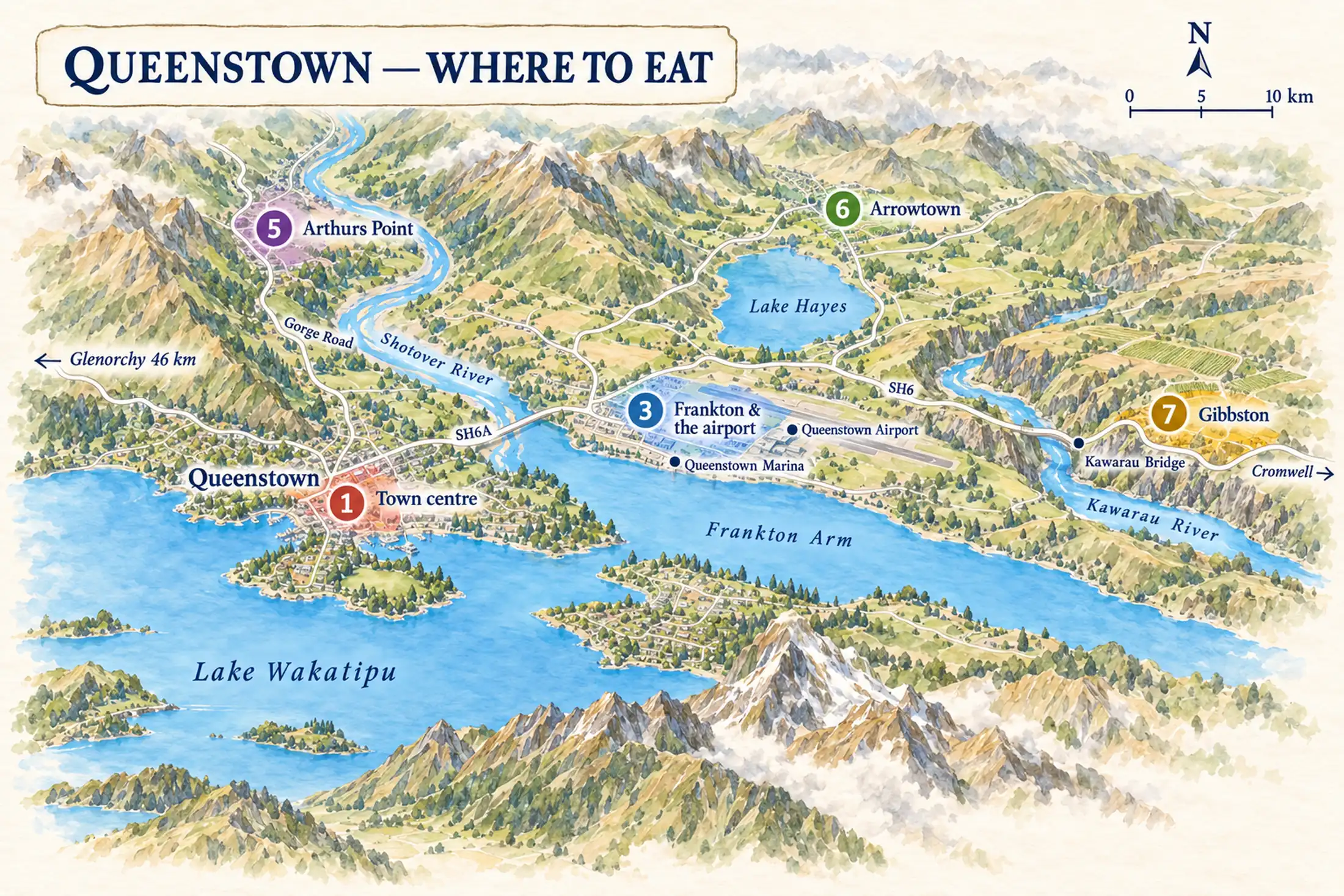 Painted map of Queenstown and the country to its east, with five places to eat numbered as in our list of Queenstown areas: one, the town centre, on the northern shore of Lake Wakatipu; three, Frankton and the airport, at the eastern end of the Frankton Arm; five, Arthurs Point, on the Shotover River north of the town; six, Arrowtown, to the north-east beyond Lake Hayes; and seven, Gibbston, east along the Kawarau River.