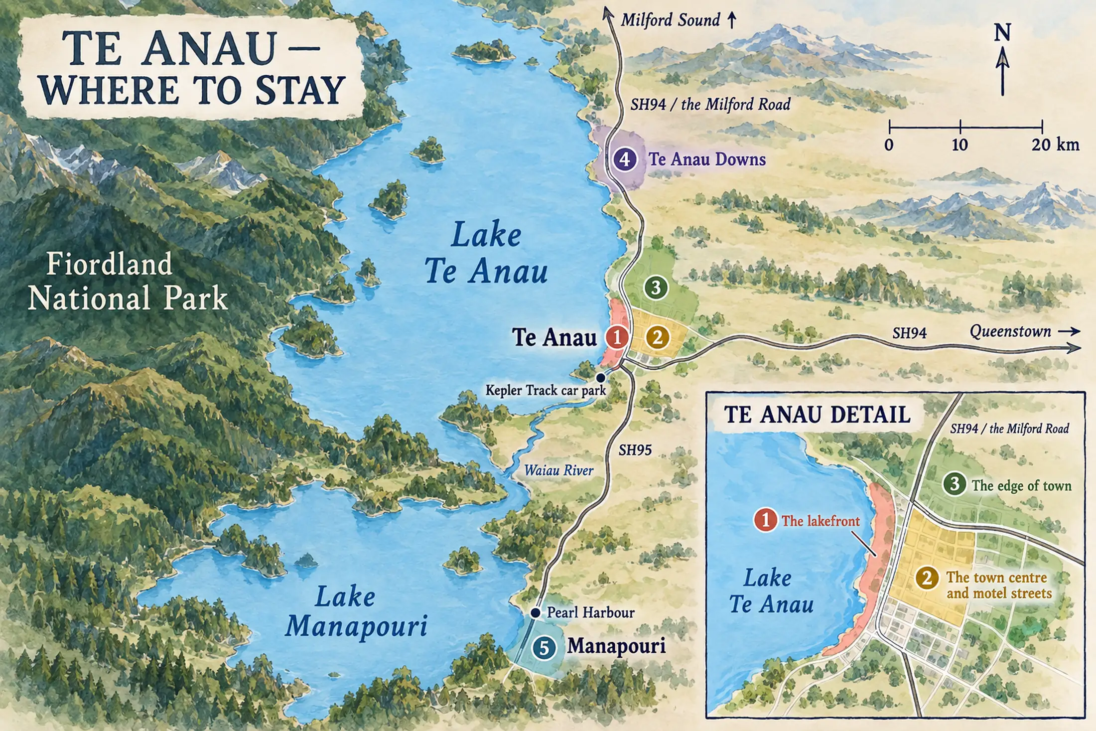 Painted map of Lake Te Anau and Lake Manapouri with the five places to stay numbered: one, the lakefront, along the shore in Te Anau; two, the town centre and motel streets, just behind it; three, the edge of town, a little north on the Milford Road; four, Te Anau Downs, further north on the lake shore; and five, Manapouri, on its own lake to the south. An arrow at the top points along the Milford Road to Milford Sound. An inset shows the town in detail, with the lakefront, the town centre and motel streets, and the edge of town.