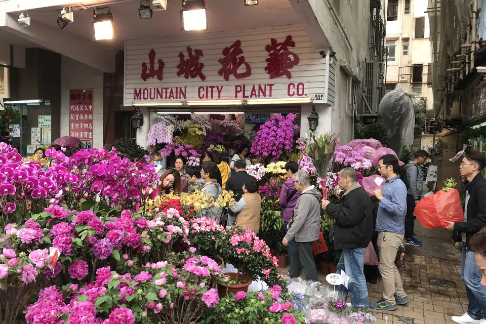 Orchids and azaleas heaped outside a florist on Flower Market Road