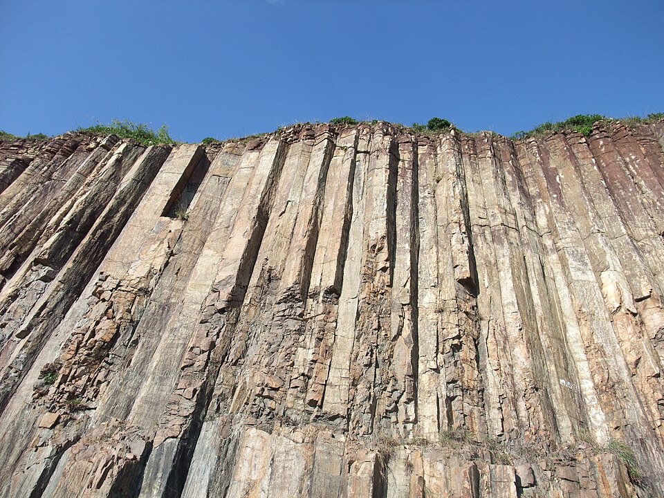 Hexagonal volcanic rock columns beside the East Dam, High Island Reservoir